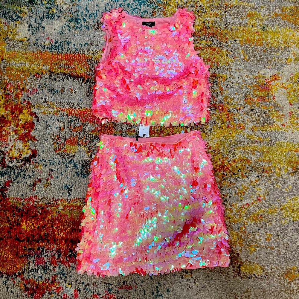 Pink iridescent sequin disco set - crop top and mini skirt
